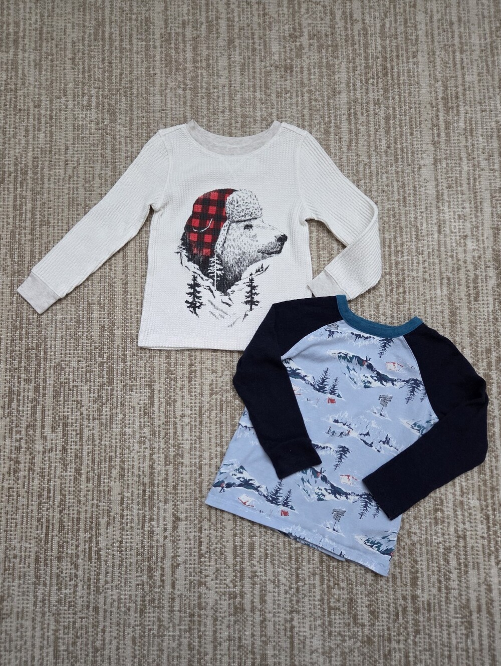 Waffle Knit Long Sleeve Shirt With Bear Graphic & Blue Winter Scene Shirt Set